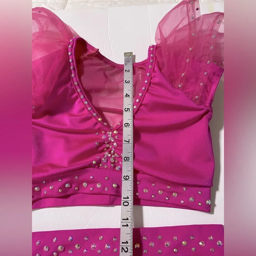 Kelle dance jazz acro solo duet costume 2 piece hot pink rhinestoned LC child